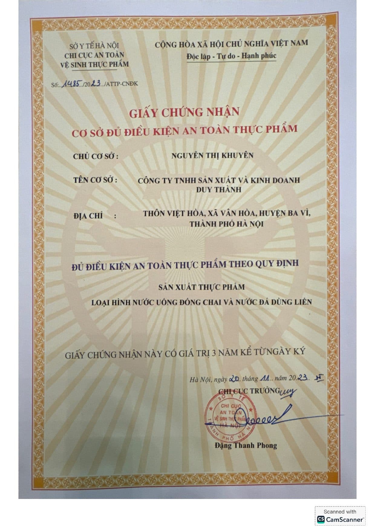 Giấy CN Đủ điều kiện ATVSTP