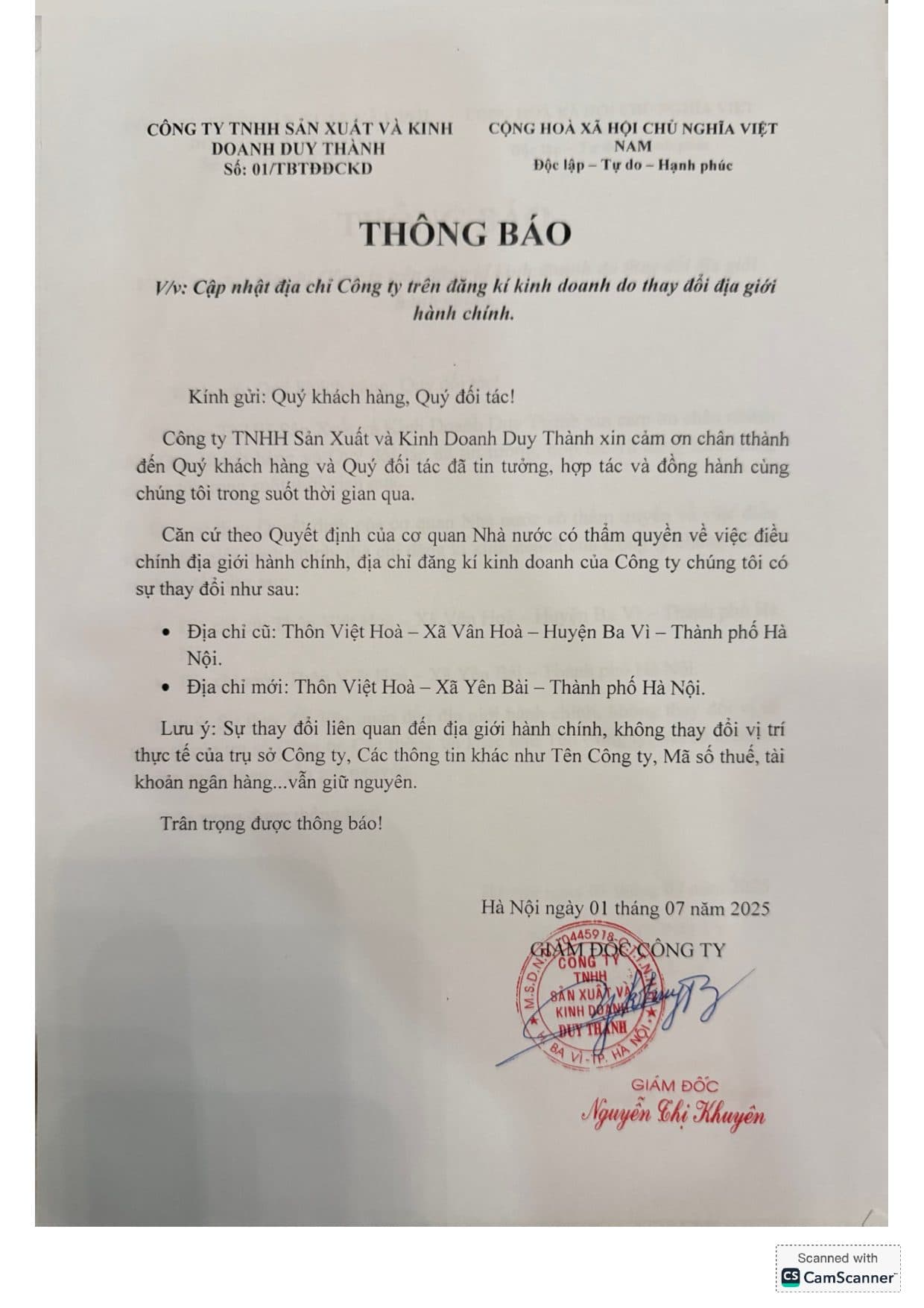 Thông báo thay đổi địa chỉ
