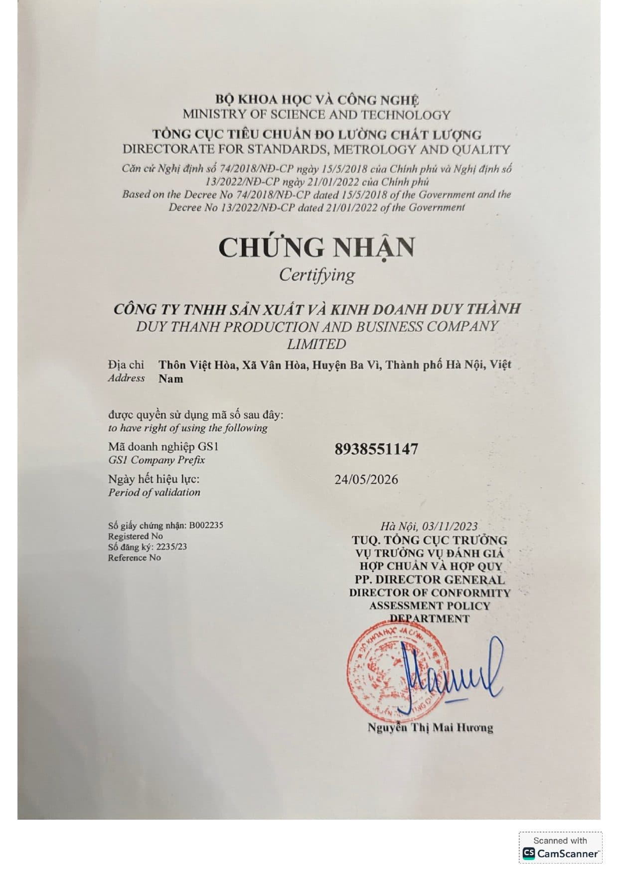 Chứng nhận Tổng cục ĐLCL