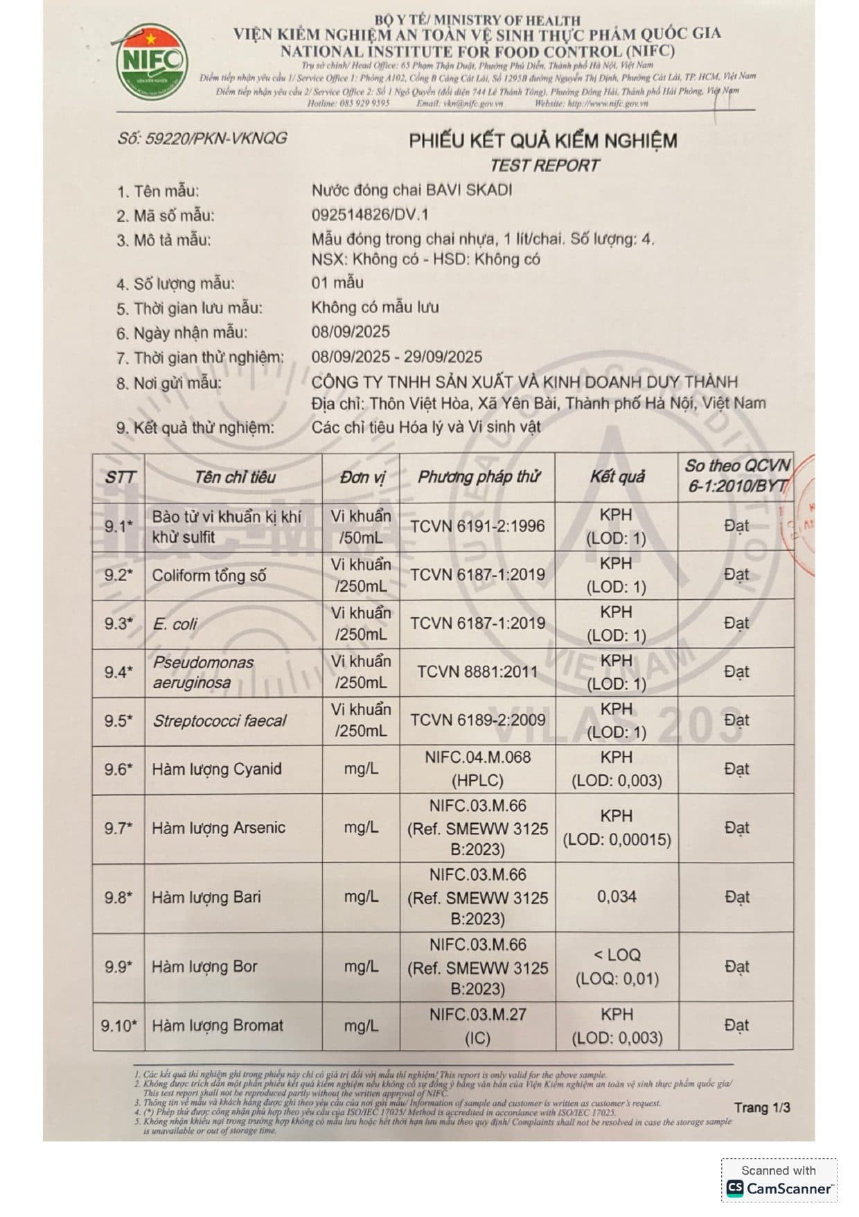 KQ kiểm nghiệm nước đóng chai