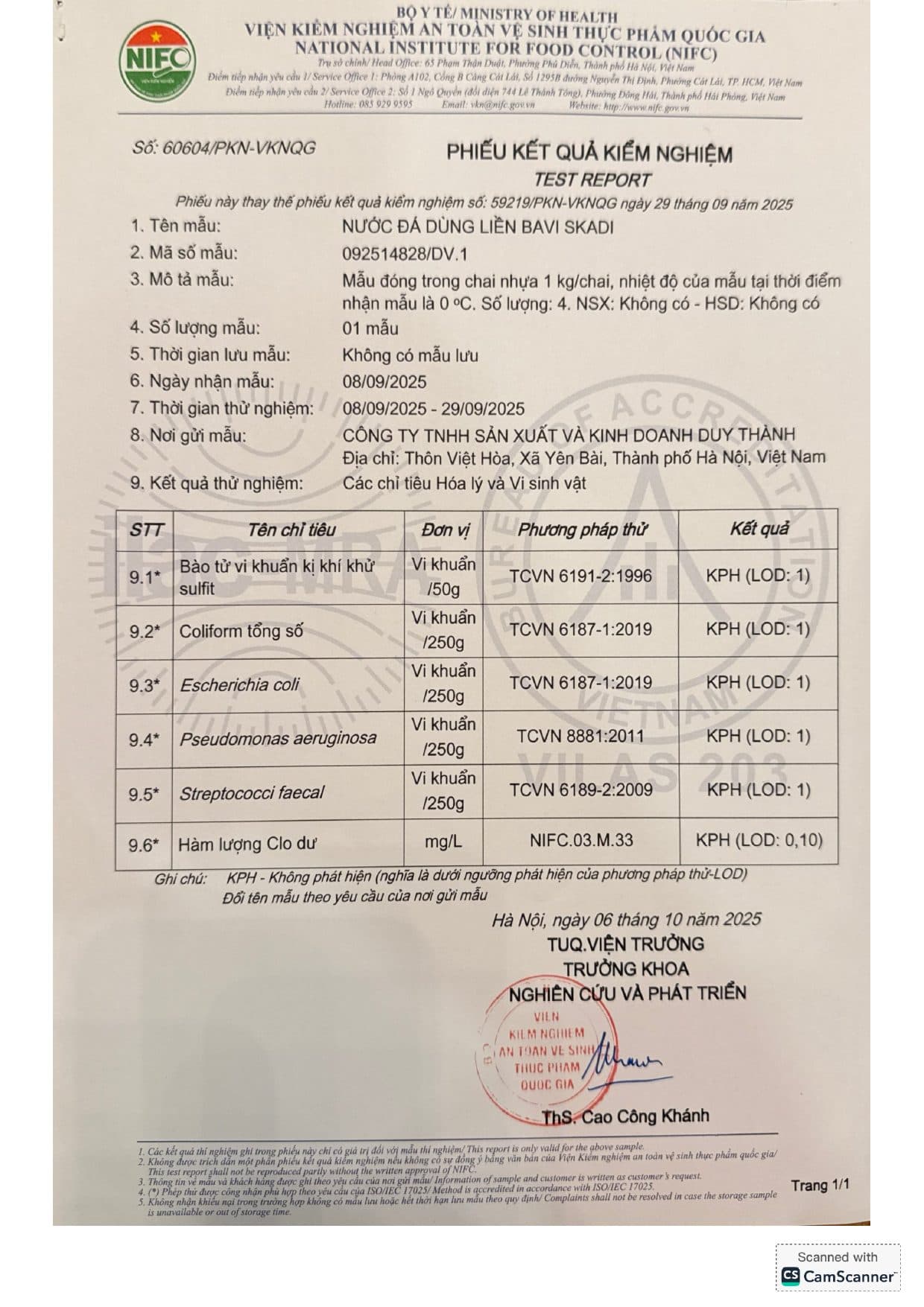 KQ kiểm nghiệm nước đá dùng liền