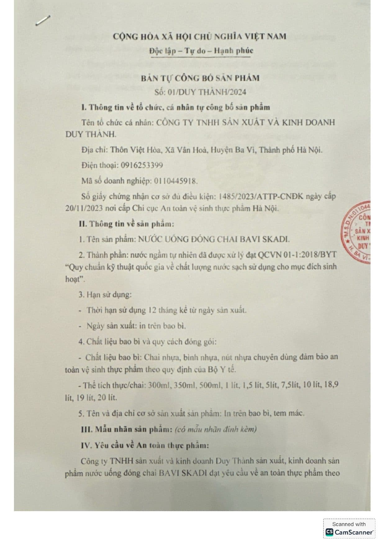 Bản tự công bố SP — Nước đóng chai