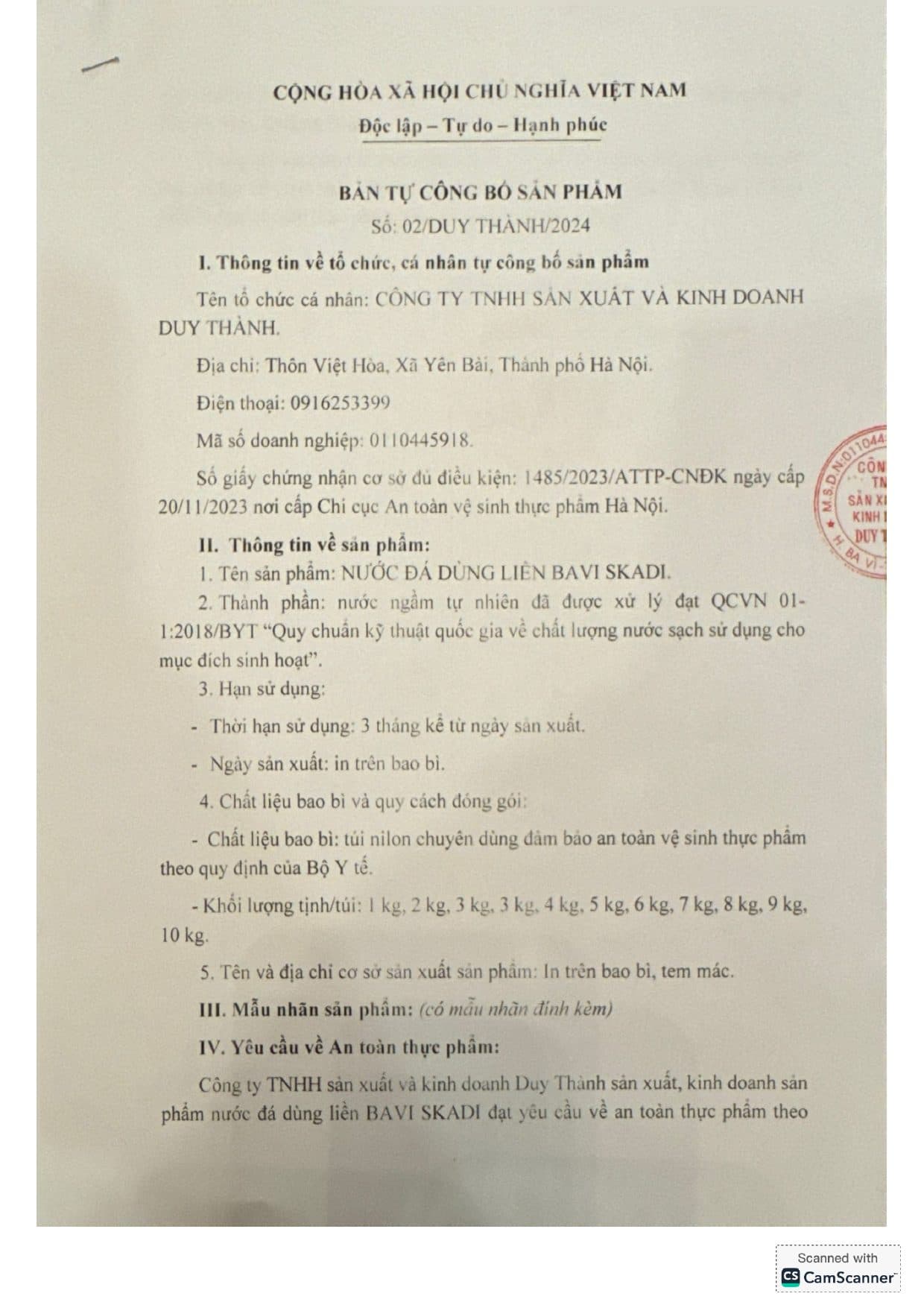 Bản tự công bố SP — Nước đá dùng liền
