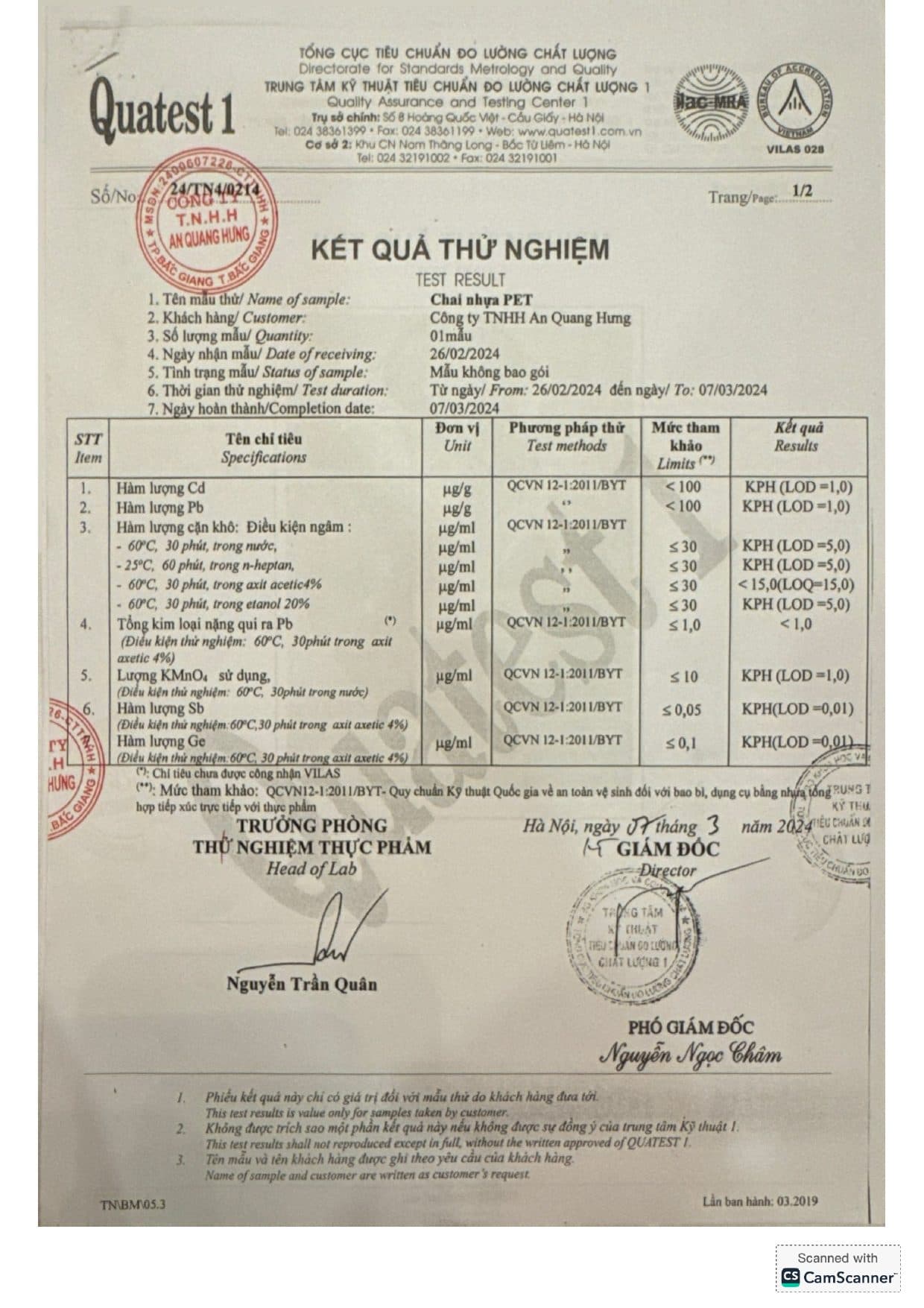 KQ thử nghiệm bao bì PET (Quatest 1)