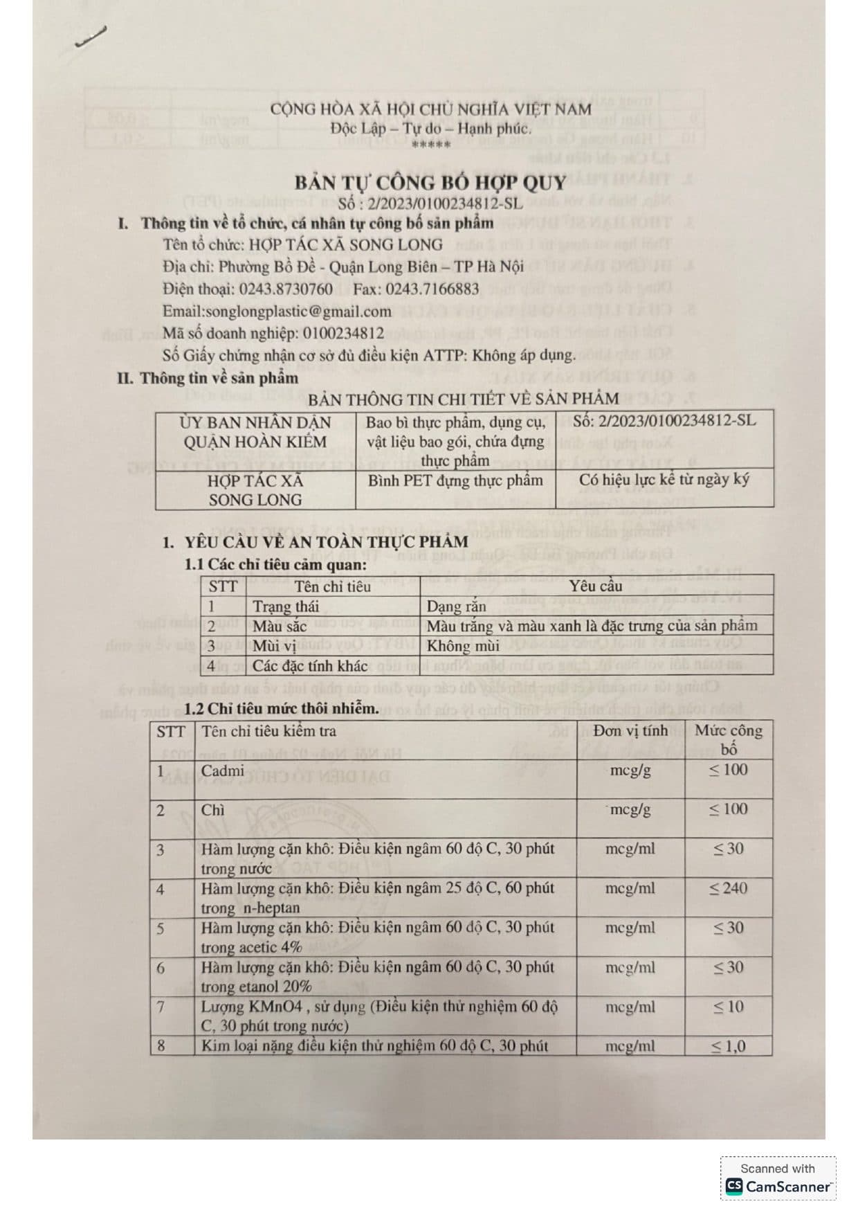 Bản tự công bố hợp quy bao bì