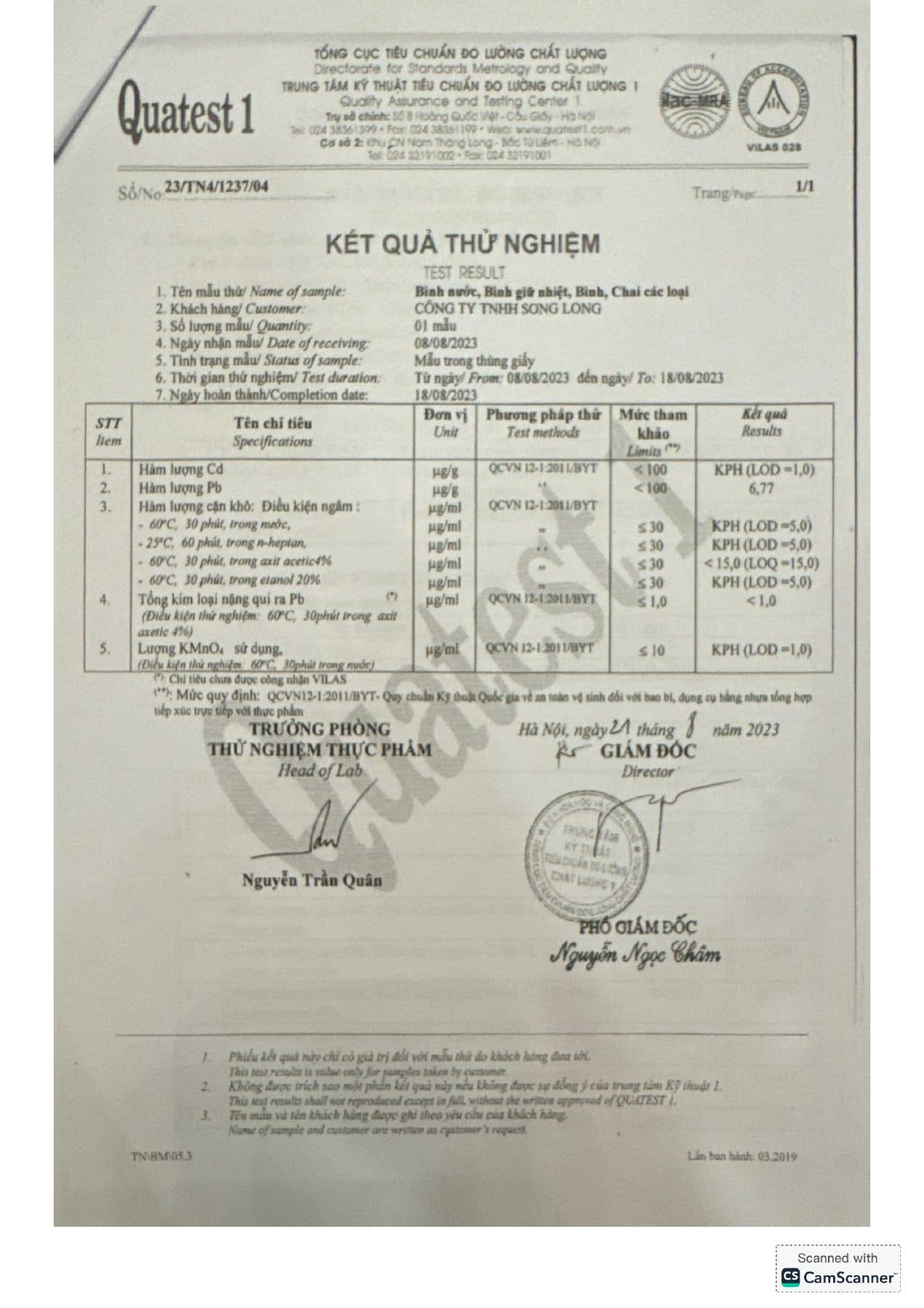 KQ thử nghiệm bình chứa nước (Quatest 1)