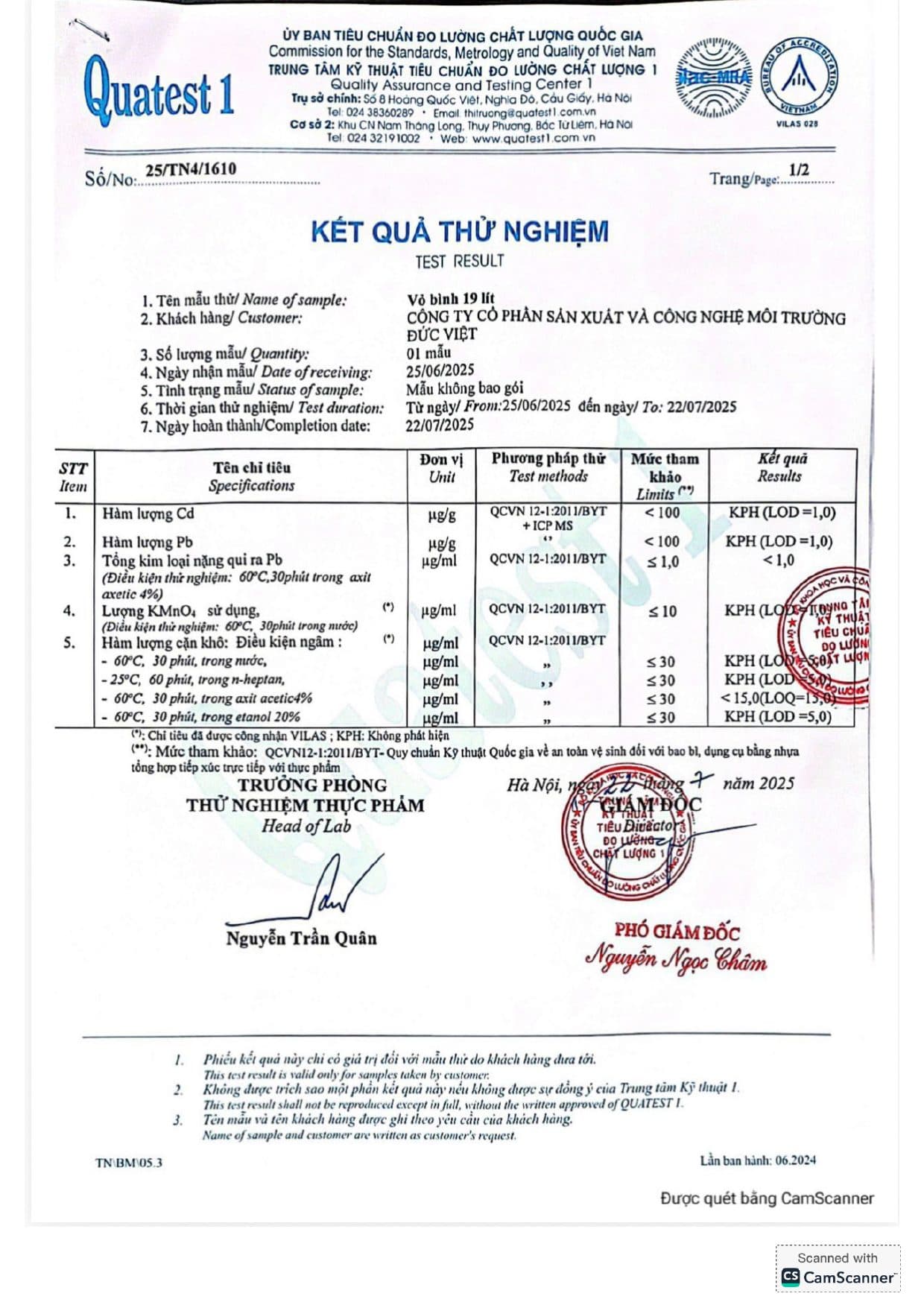 KQ thử nghiệm bình & chai PET (Quatest 1)