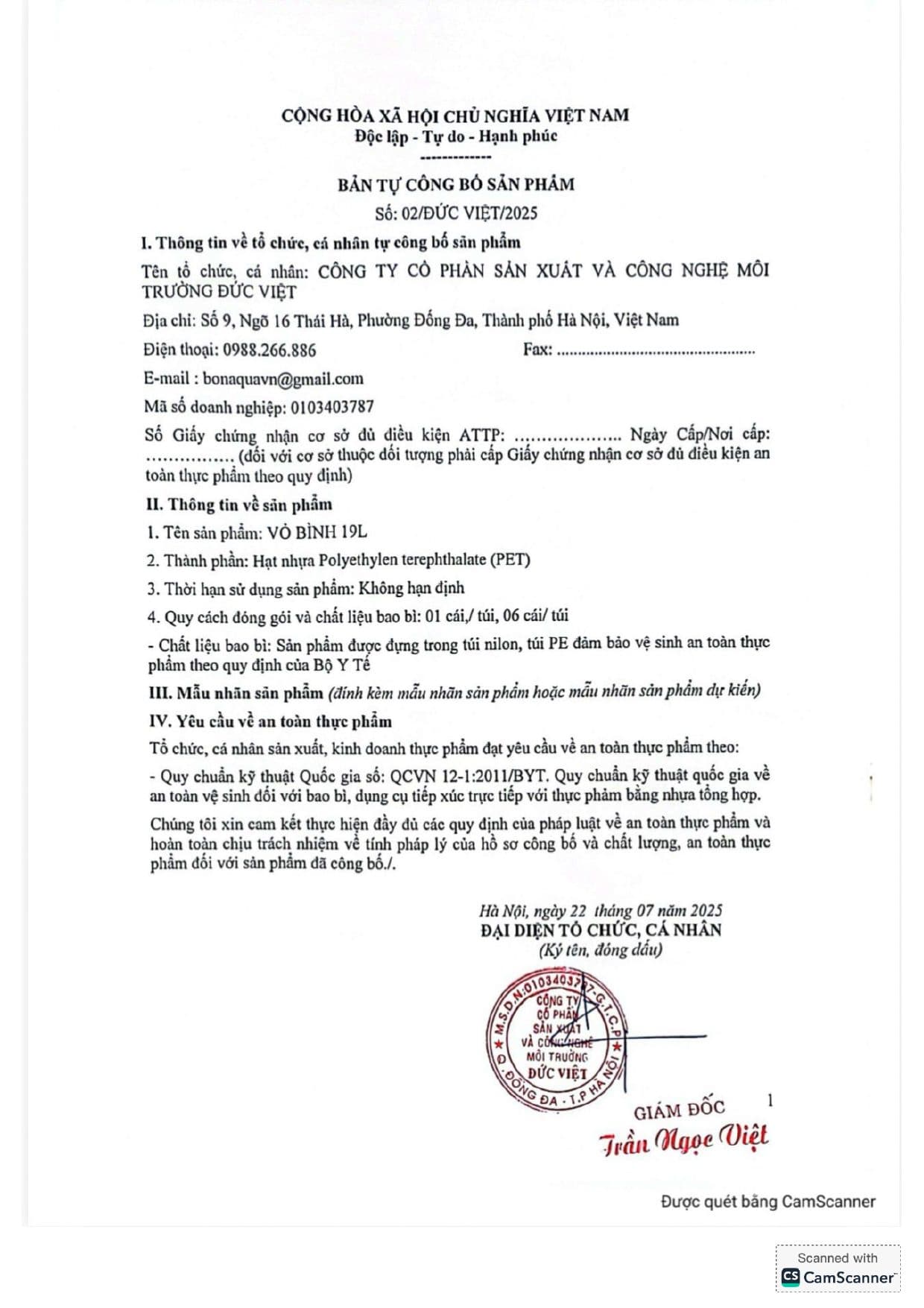 Bản tự công bố SP — Bình 19L (nhà cung cấp)