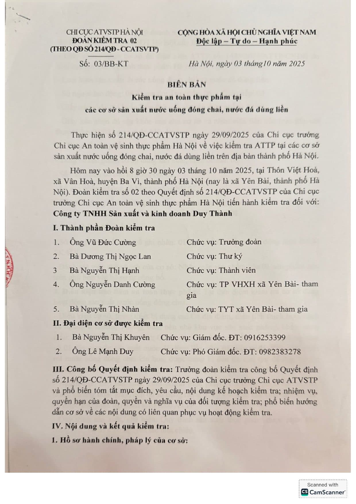 Biên bản kiểm tra ATTP