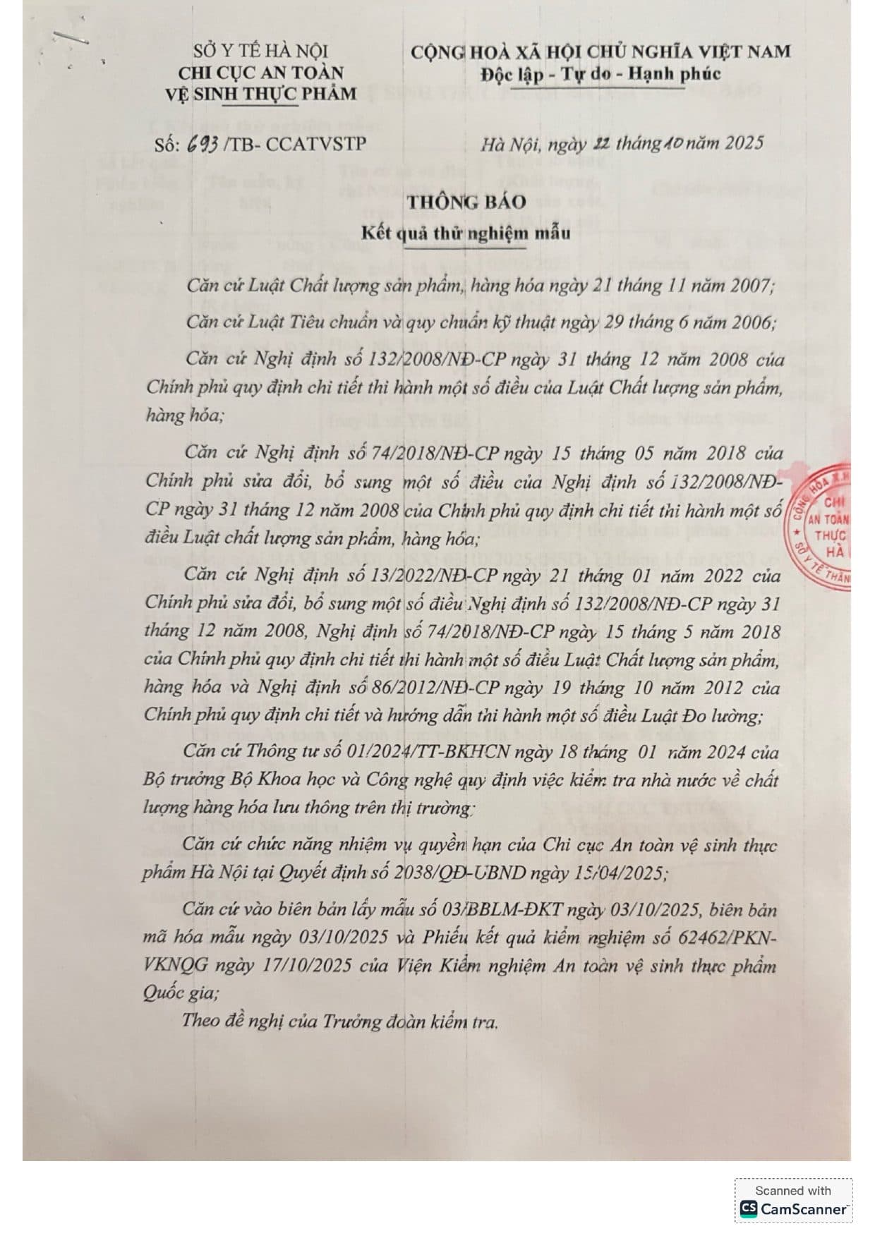 Thông báo KQ thử nghiệm (Sở Y tế HN)