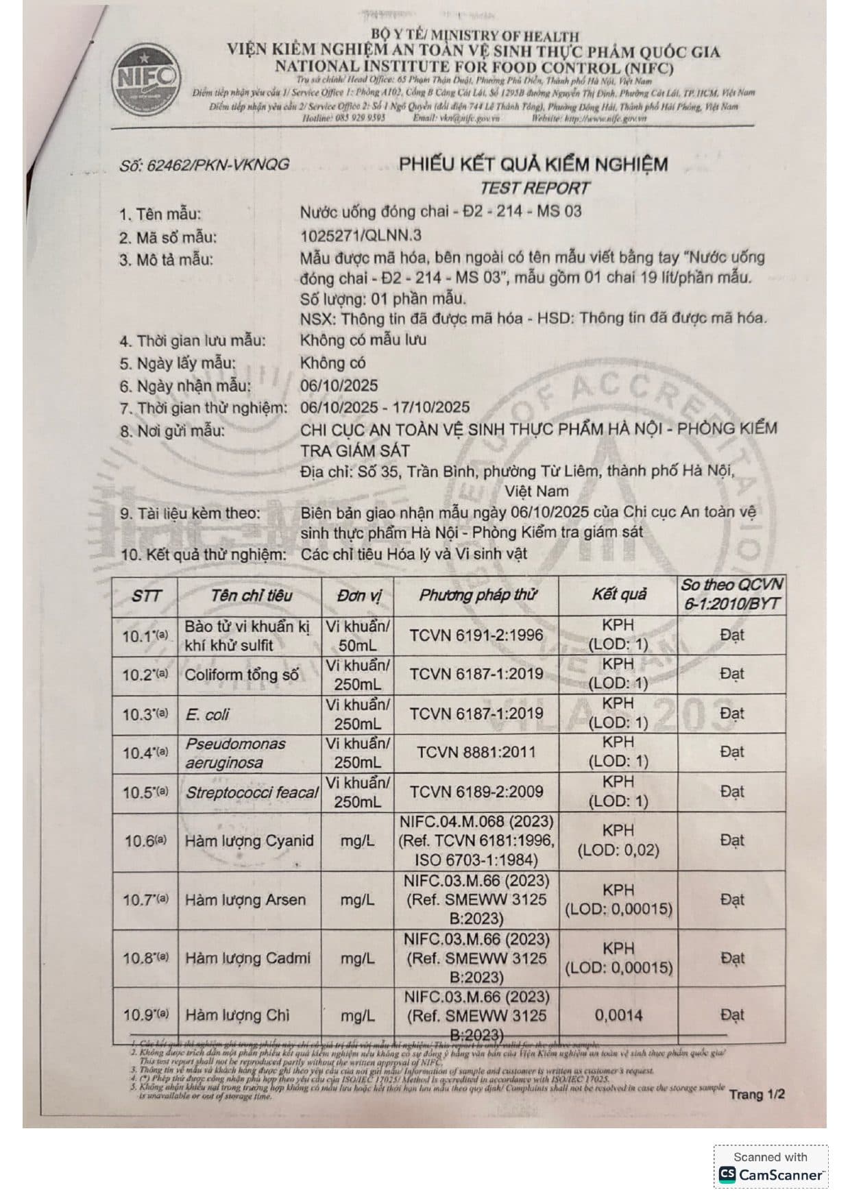 KQ kiểm nghiệm nước đóng chai 500ml (mới nhất)